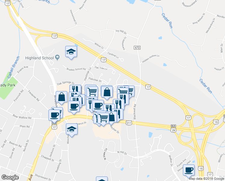 map of restaurants, bars, coffee shops, grocery stores, and more near 728 Acorn Court in Warrenton