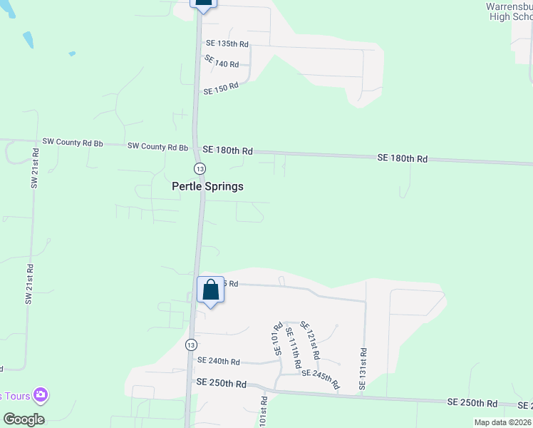 map of restaurants, bars, coffee shops, grocery stores, and more near 214 Southeast 51 Road in Warrensburg