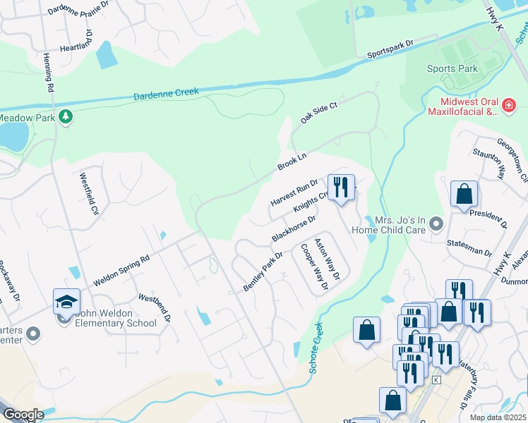 map of restaurants, bars, coffee shops, grocery stores, and more near 9004 Harvest Run Drive in O'Fallon