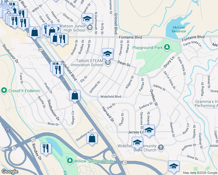 map of restaurants, bars, coffee shops, grocery stores, and more near 163 Ithaca Street in Colorado Springs