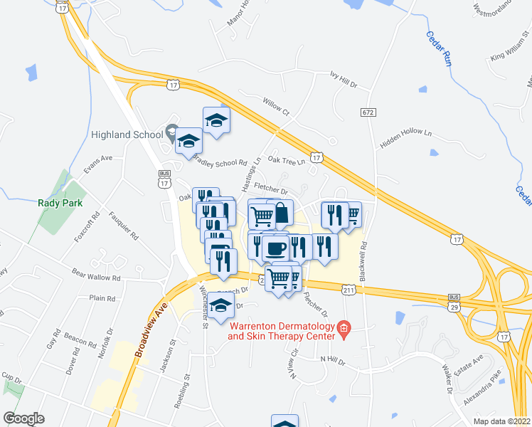 map of restaurants, bars, coffee shops, grocery stores, and more near 731 Cedar Crest Drive in Warrenton