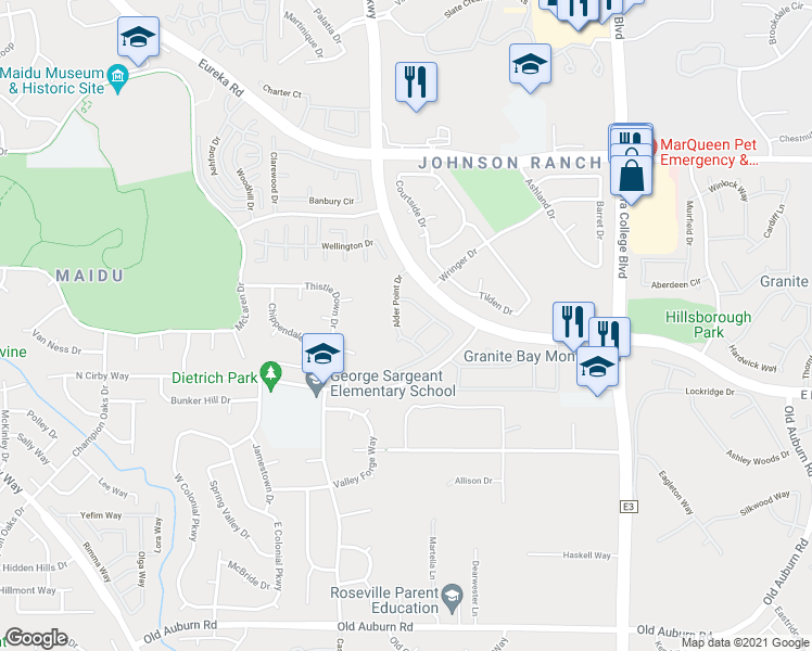 map of restaurants, bars, coffee shops, grocery stores, and more near 2903 Alder Point Drive in Roseville