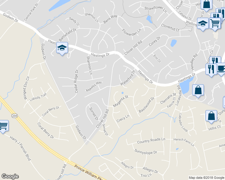 map of restaurants, bars, coffee shops, grocery stores, and more near 9635 Clover Hill Rd in Manassas