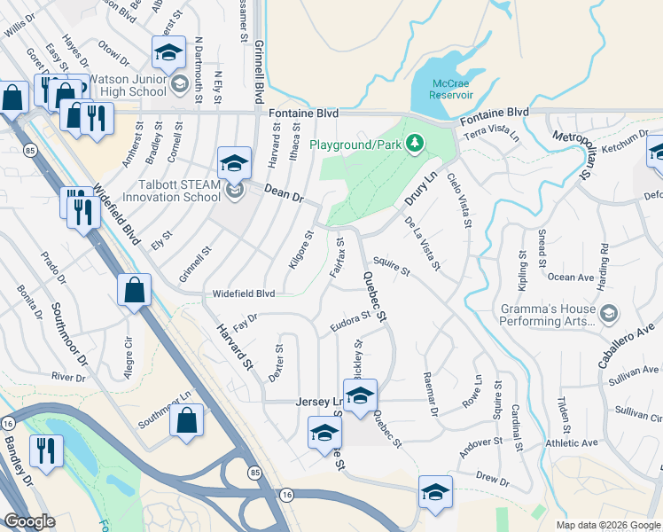 map of restaurants, bars, coffee shops, grocery stores, and more near 224 Fairfax Street in Colorado Springs