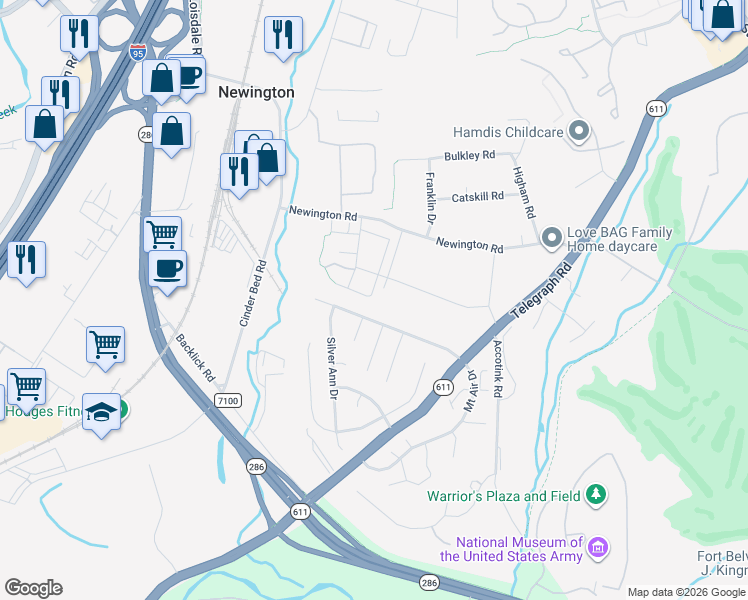 map of restaurants, bars, coffee shops, grocery stores, and more near 8323 Stationhouse Court in Lorton