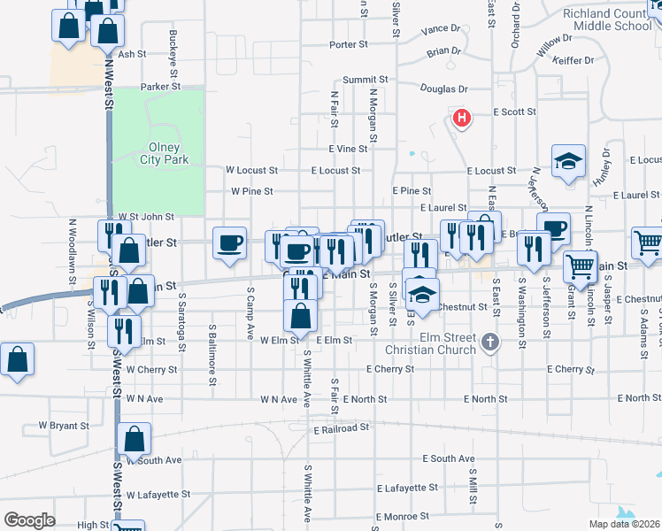 map of restaurants, bars, coffee shops, grocery stores, and more near 308 East Main Street in Olney