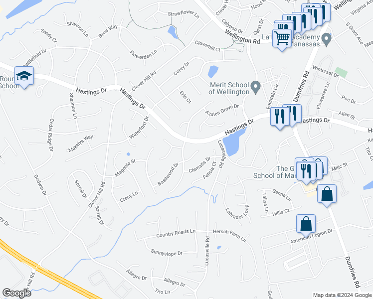 map of restaurants, bars, coffee shops, grocery stores, and more near 10813 Peachwood Drive in Manassas