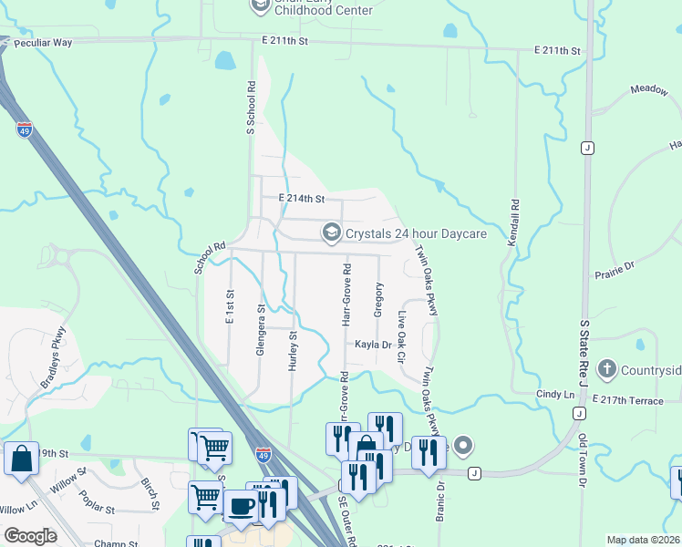 map of restaurants, bars, coffee shops, grocery stores, and more near 985 Harr-Grove Road in Peculiar