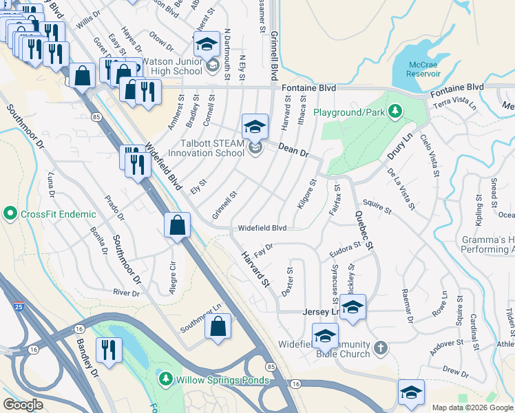 map of restaurants, bars, coffee shops, grocery stores, and more near 163 Ithaca Street in Colorado Springs