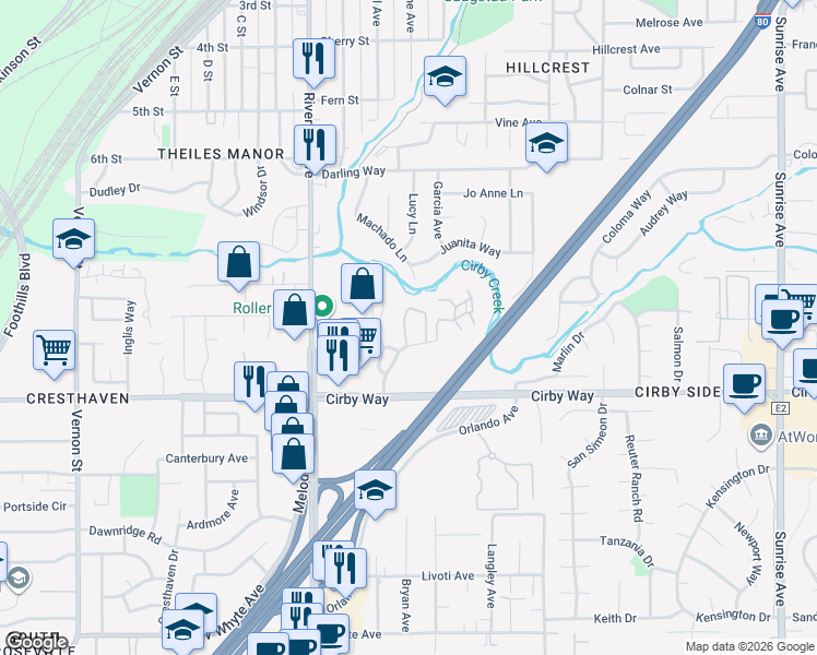map of restaurants, bars, coffee shops, grocery stores, and more near 206 Live Oak Circle in Roseville