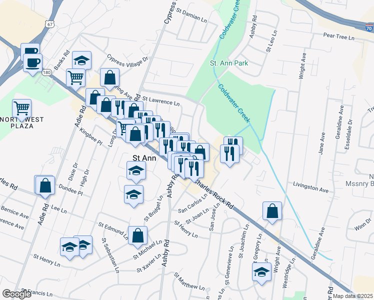 map of restaurants, bars, coffee shops, grocery stores, and more near 10501 Saint Philip Lane in Saint Ann