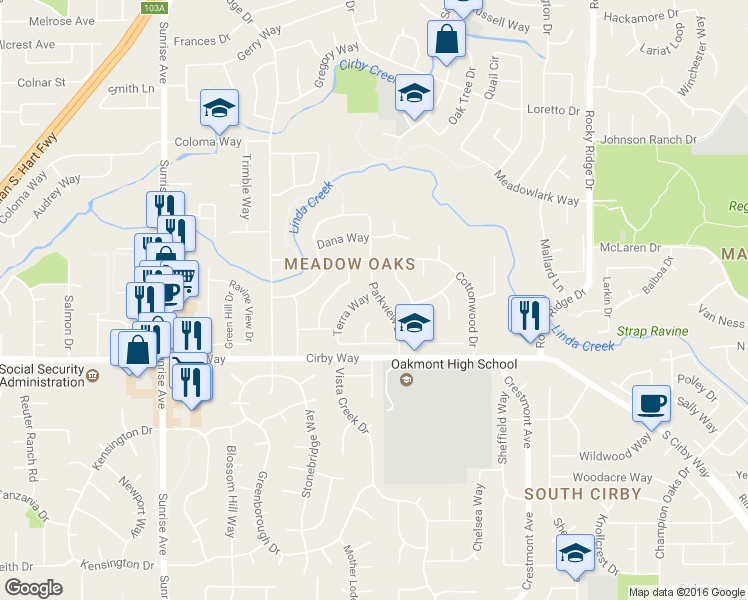 map of restaurants, bars, coffee shops, grocery stores, and more near 1101 Terra Way in Roseville