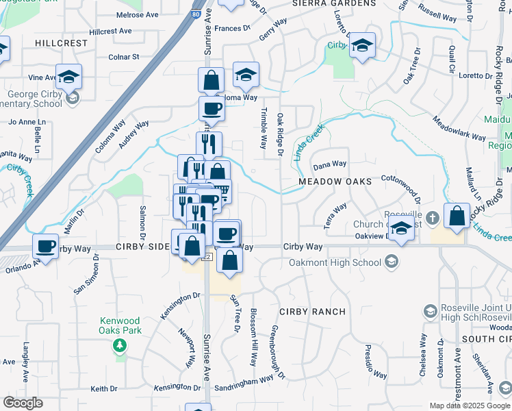 map of restaurants, bars, coffee shops, grocery stores, and more near 1169 Green Hill Drive in Roseville