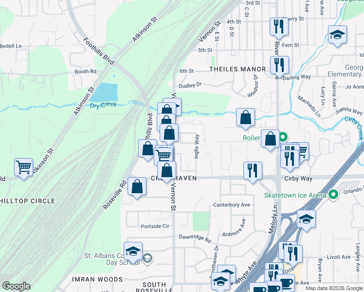 map of restaurants, bars, coffee shops, grocery stores, and more near 418 Cameron Way in Roseville