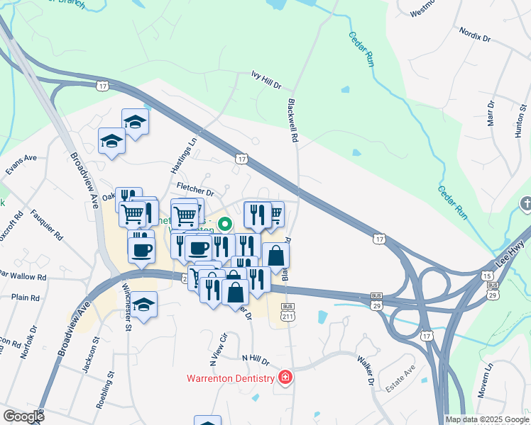 map of restaurants, bars, coffee shops, grocery stores, and more near 732 Arbor Court in Warrenton