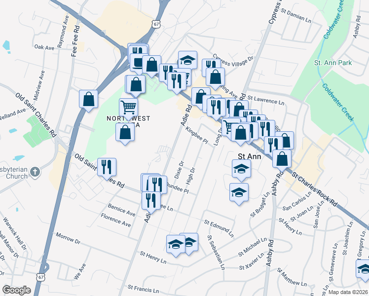 map of restaurants, bars, coffee shops, grocery stores, and more near 3731 Dixie Drive in Saint Ann