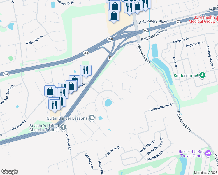 map of restaurants, bars, coffee shops, grocery stores, and more near 2014 Piedmont Circle in St. Peters