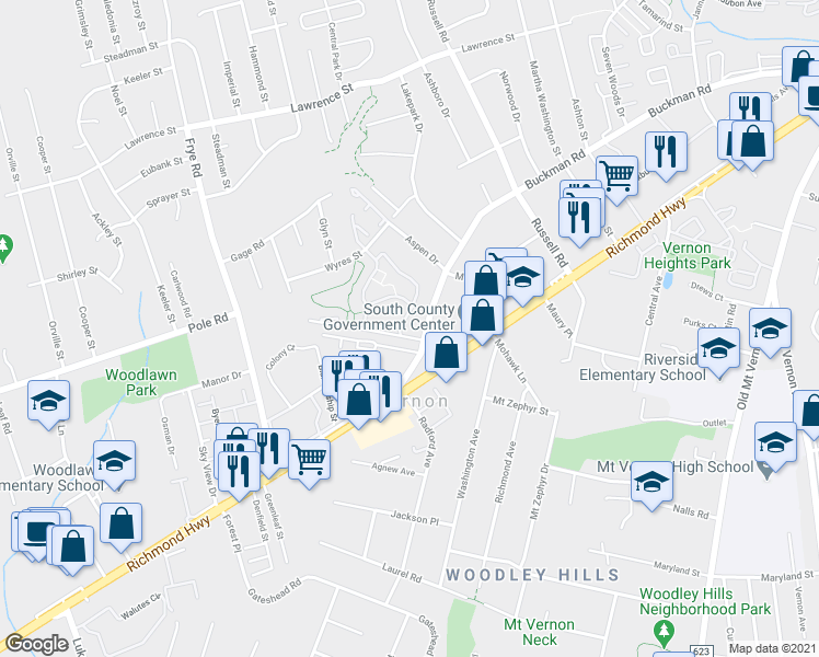 map of restaurants, bars, coffee shops, grocery stores, and more near 8385 Brockham Drive in Alexandria