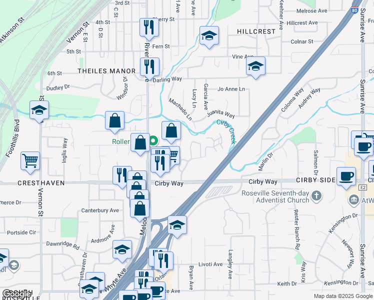 map of restaurants, bars, coffee shops, grocery stores, and more near 206 Live Oak Circle in Roseville