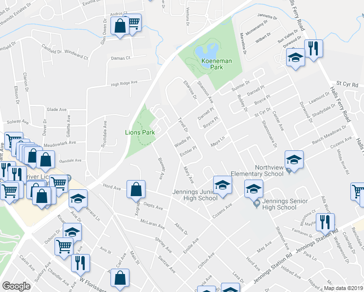 map of restaurants, bars, coffee shops, grocery stores, and more near 8808 Wiedle Place in St. Louis