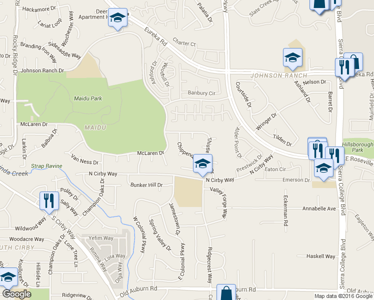 map of restaurants, bars, coffee shops, grocery stores, and more near 1013 Chippendale Way in Roseville