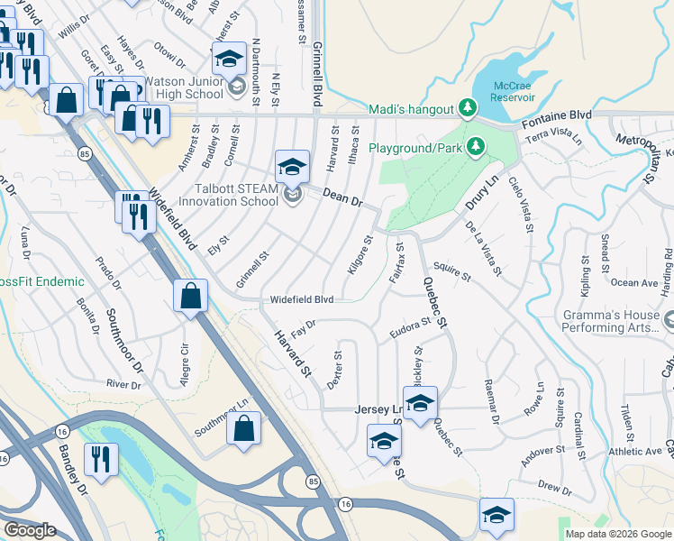 map of restaurants, bars, coffee shops, grocery stores, and more near 159 Judson Street in Colorado Springs