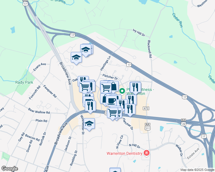 map of restaurants, bars, coffee shops, grocery stores, and more near 731 Cedar Crest Drive in Warrenton