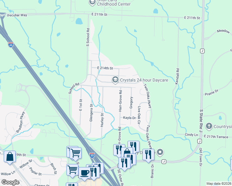 map of restaurants, bars, coffee shops, grocery stores, and more near 985 Harr-Grove in Peculiar