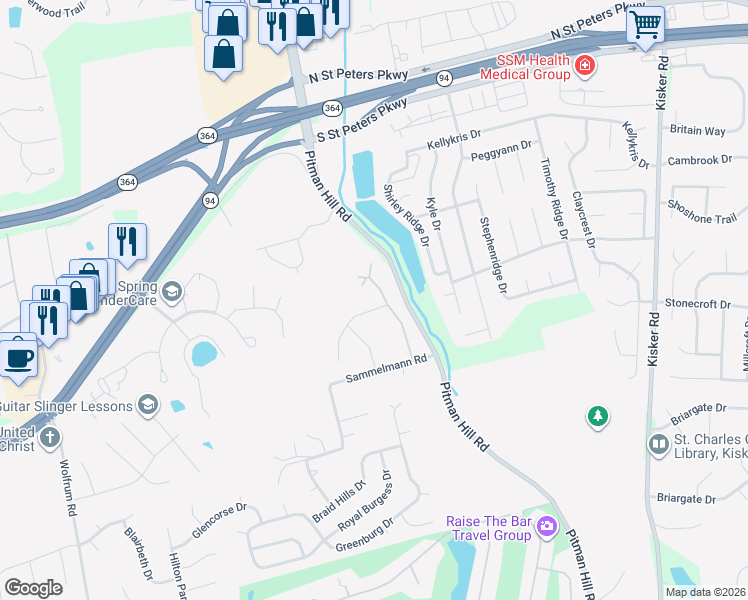 map of restaurants, bars, coffee shops, grocery stores, and more near 1402 Lucerne Place in Weldon Spring