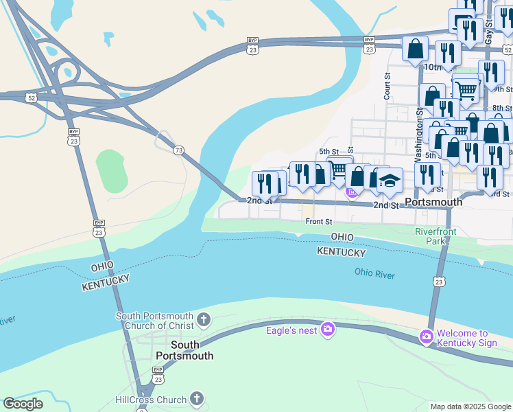 map of restaurants, bars, coffee shops, grocery stores, and more near 212 2nd Street in Portsmouth