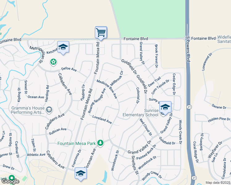 map of restaurants, bars, coffee shops, grocery stores, and more near 6905 Medicine Bow Avenue in Fountain