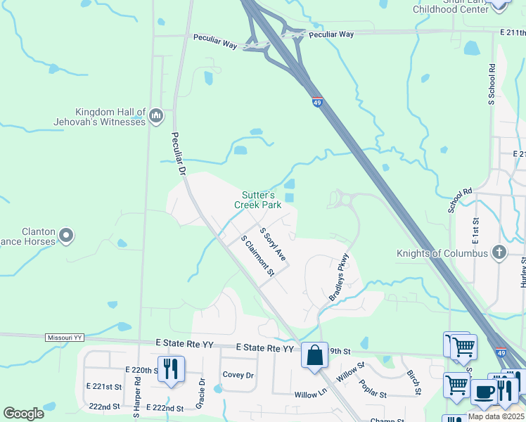 map of restaurants, bars, coffee shops, grocery stores, and more near 10610 Maple Avenue in Peculiar