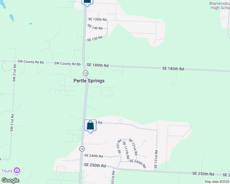 map of restaurants, bars, coffee shops, grocery stores, and more near 214 Southeast 51 Road in Warrensburg