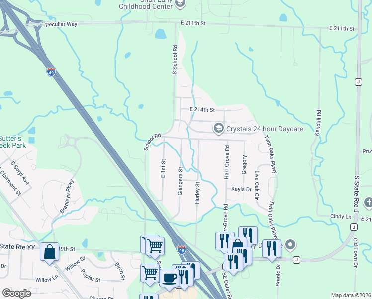 map of restaurants, bars, coffee shops, grocery stores, and more near 972 Glengera Street in Peculiar