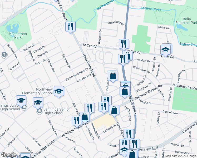 map of restaurants, bars, coffee shops, grocery stores, and more near 9468 Halls Ferry Road in Jennings