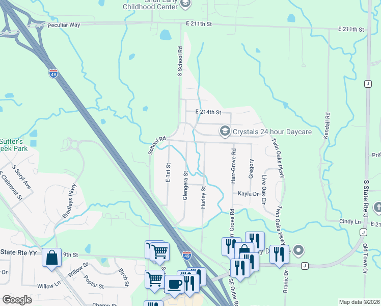 map of restaurants, bars, coffee shops, grocery stores, and more near 972 Glengera Street in Peculiar