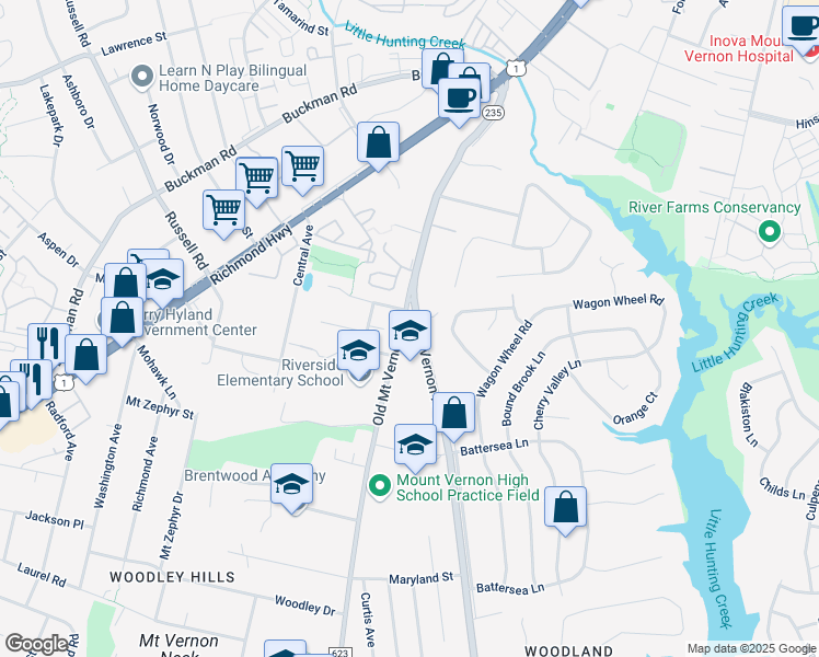 map of restaurants, bars, coffee shops, grocery stores, and more near 8319 Old Mount Vernon Road in Alexandria