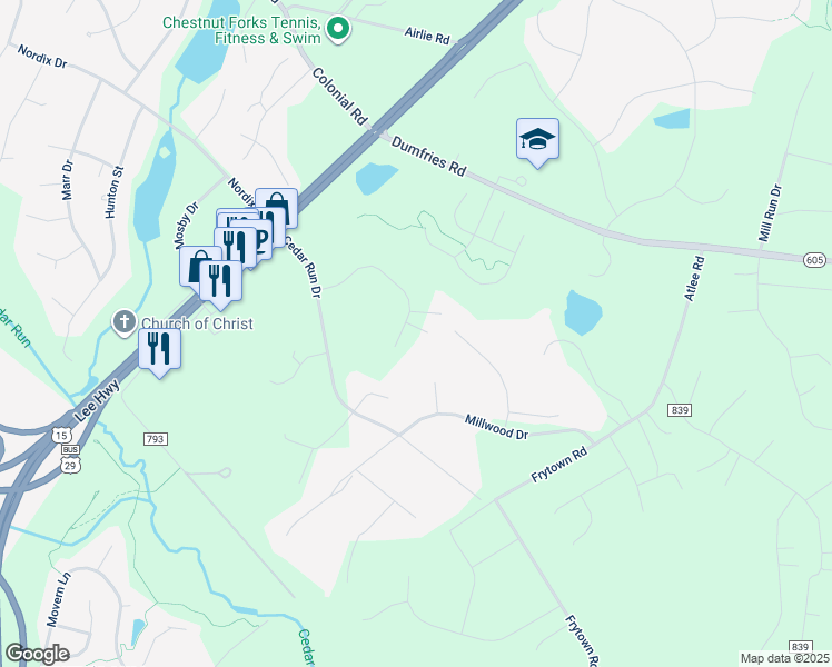 map of restaurants, bars, coffee shops, grocery stores, and more near 6242 Highmeadow Place in Warrenton