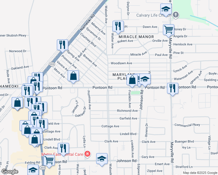 map of restaurants, bars, coffee shops, grocery stores, and more near 2100 Pontoon Road in Granite City