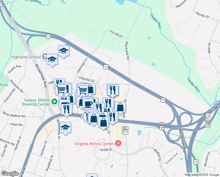 map of restaurants, bars, coffee shops, grocery stores, and more near 714 Pine Tree Ct in Warrenton
