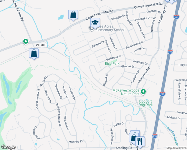 map of restaurants, bars, coffee shops, grocery stores, and more near 12109 Glenpark Drive in Maryland Heights
