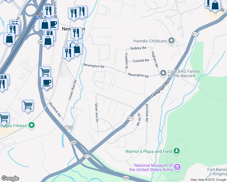 map of restaurants, bars, coffee shops, grocery stores, and more near 6825 Hamilton Road in Lorton