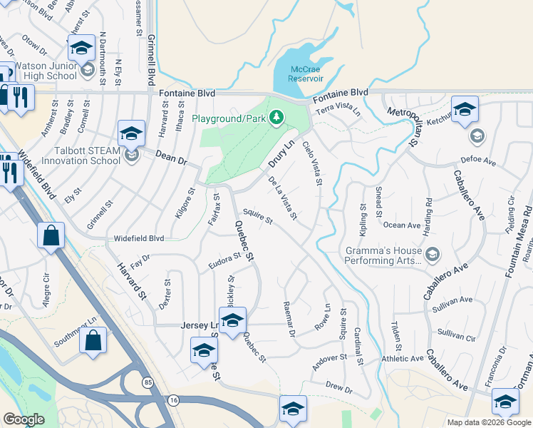 map of restaurants, bars, coffee shops, grocery stores, and more near 420 Squire Street in Colorado Springs