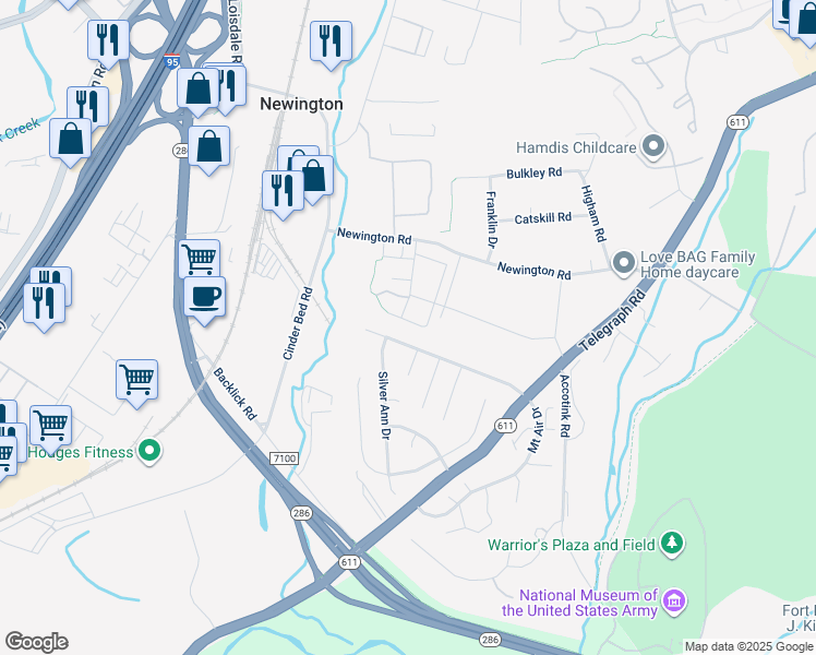 map of restaurants, bars, coffee shops, grocery stores, and more near 8347 Stationhouse Court in Lorton