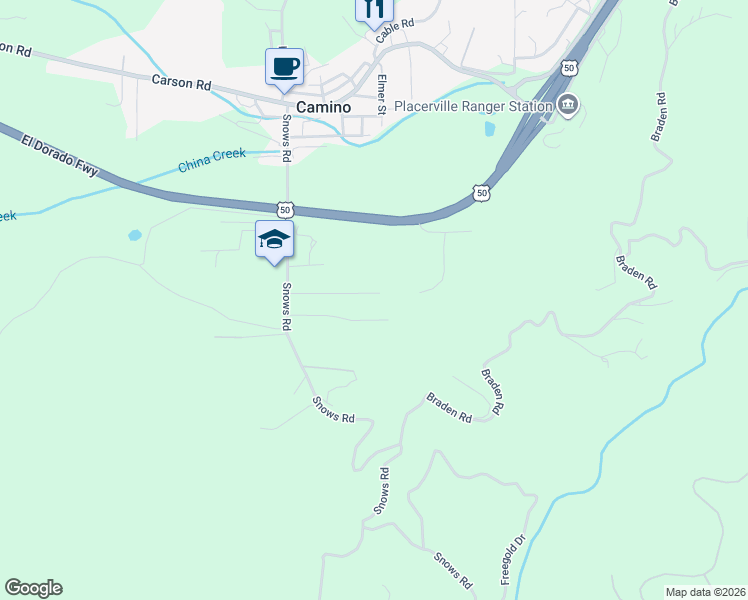 map of restaurants, bars, coffee shops, grocery stores, and more near 4020 Bellwood Drive in Camino