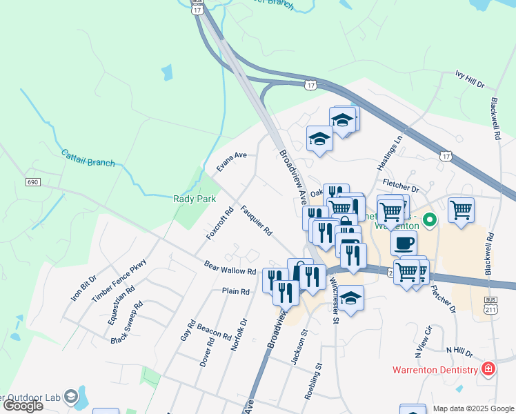 map of restaurants, bars, coffee shops, grocery stores, and more near 627 Fauquier Road in Warrenton