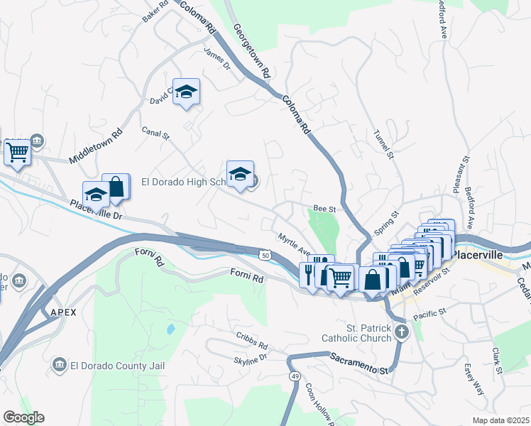 map of restaurants, bars, coffee shops, grocery stores, and more near 574 Canal Street in Placerville