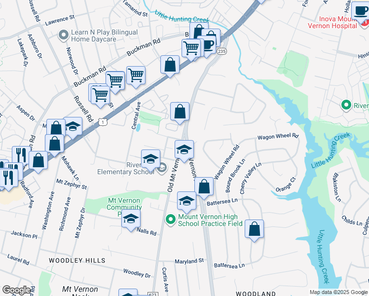 map of restaurants, bars, coffee shops, grocery stores, and more near 8319 Old Mount Vernon Road in Alexandria