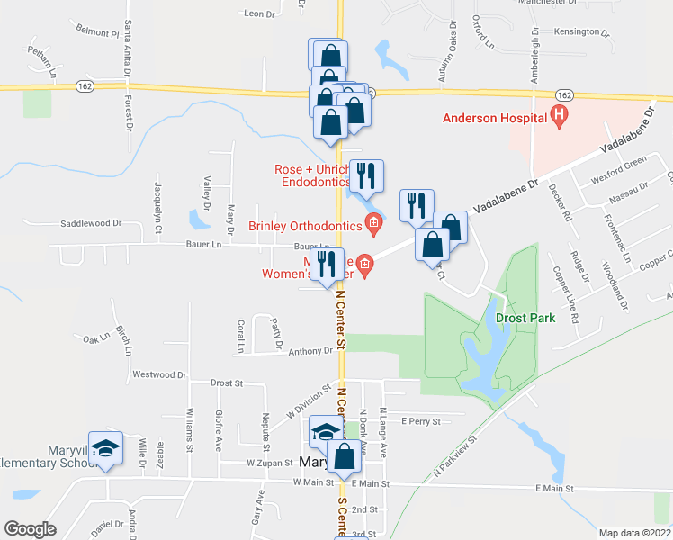 map of restaurants, bars, coffee shops, grocery stores, and more near 2725 North Center Street in Maryville