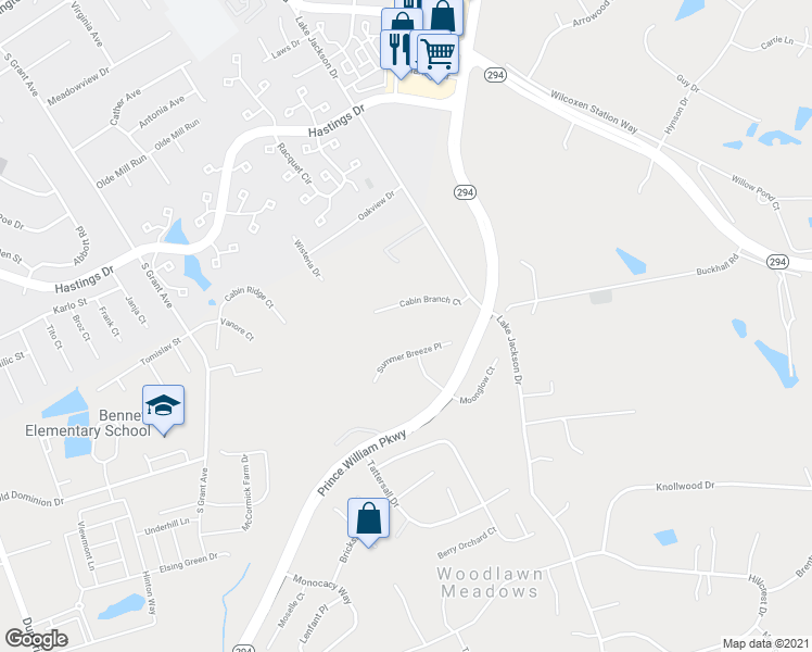 map of restaurants, bars, coffee shops, grocery stores, and more near 8419 Cabin Branch Court in Manassas